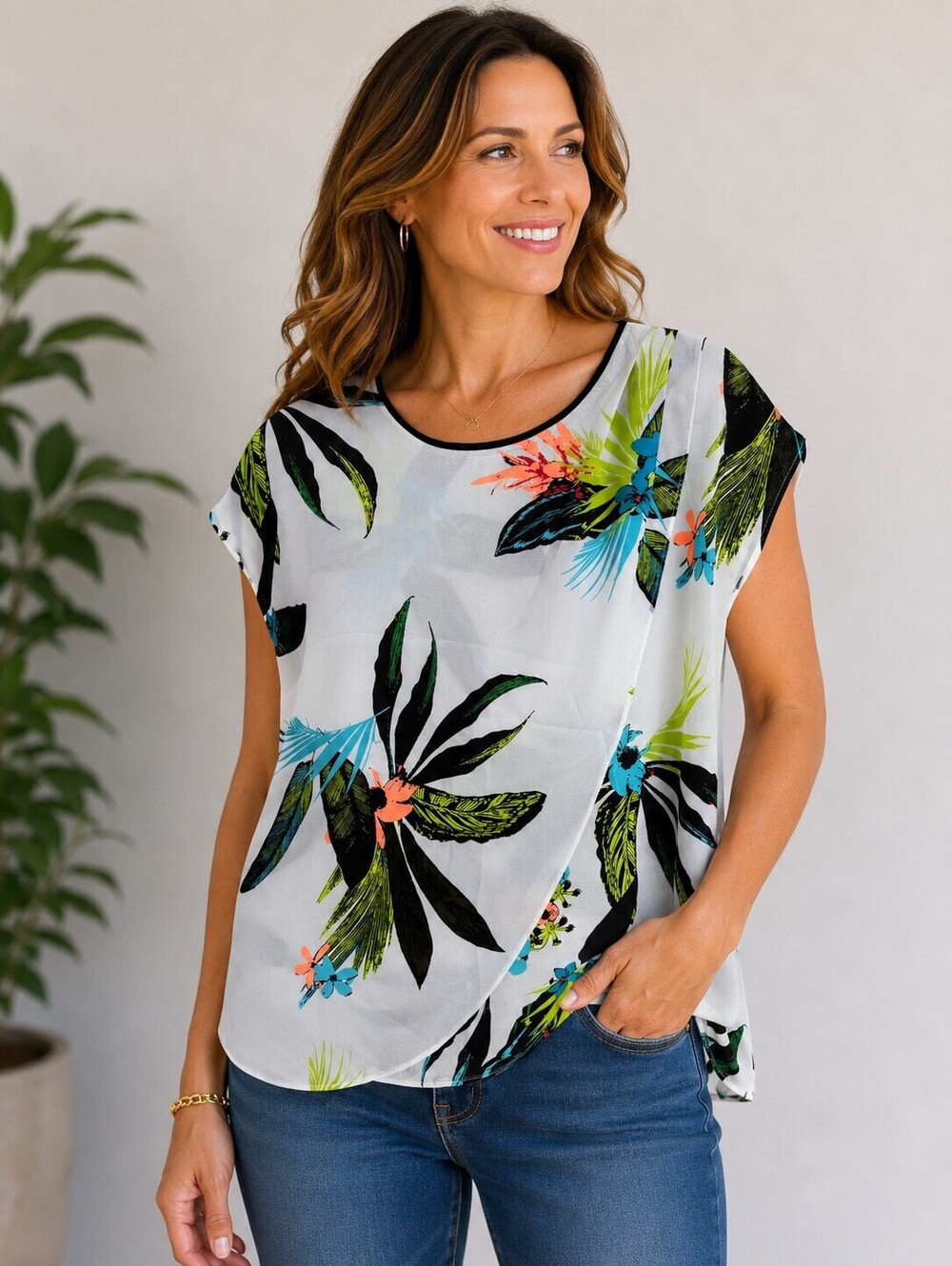 Liz Claiborne Floral Print Cap Sleeve Blouse Size M Sheer Y2K Tropical White